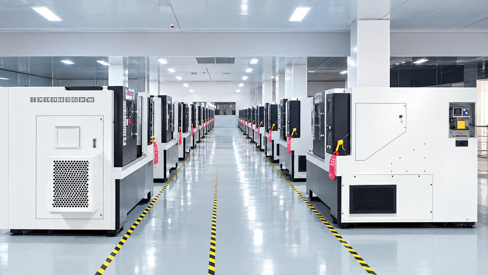 Orderly aisle between enclosed CNC machining centers