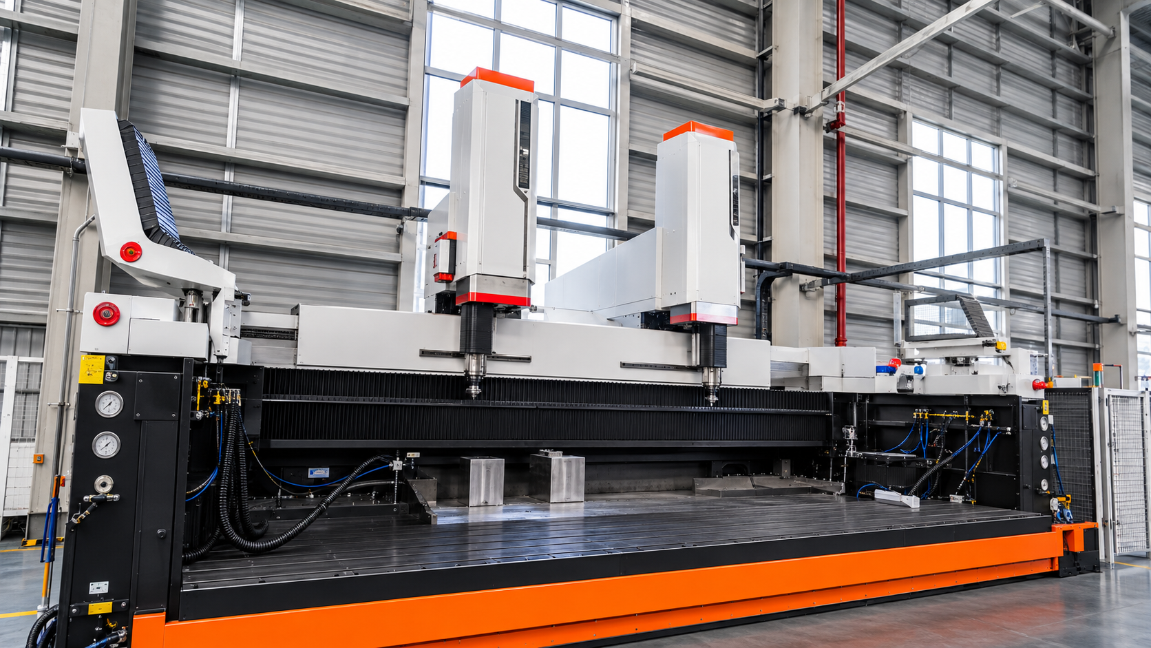 Gantry-style machining equipment with a long worktable
