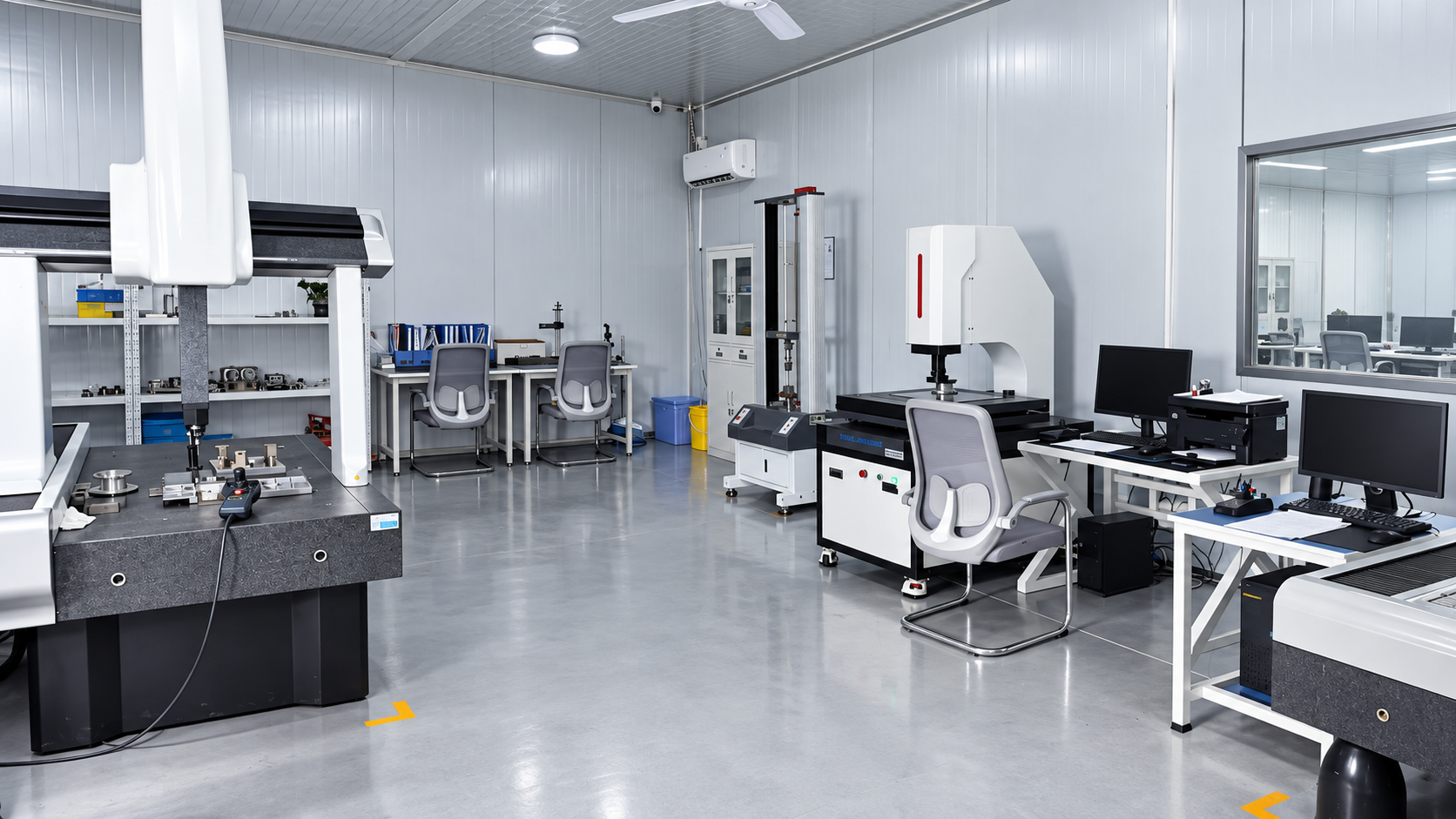 Inspection room with a bridge coordinate measuring machine and optical measuring equipment