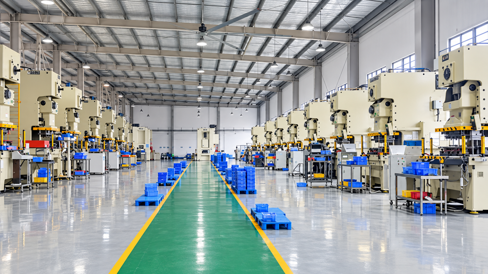 Mechanical press workshop with clear green aisle and blue parts bins